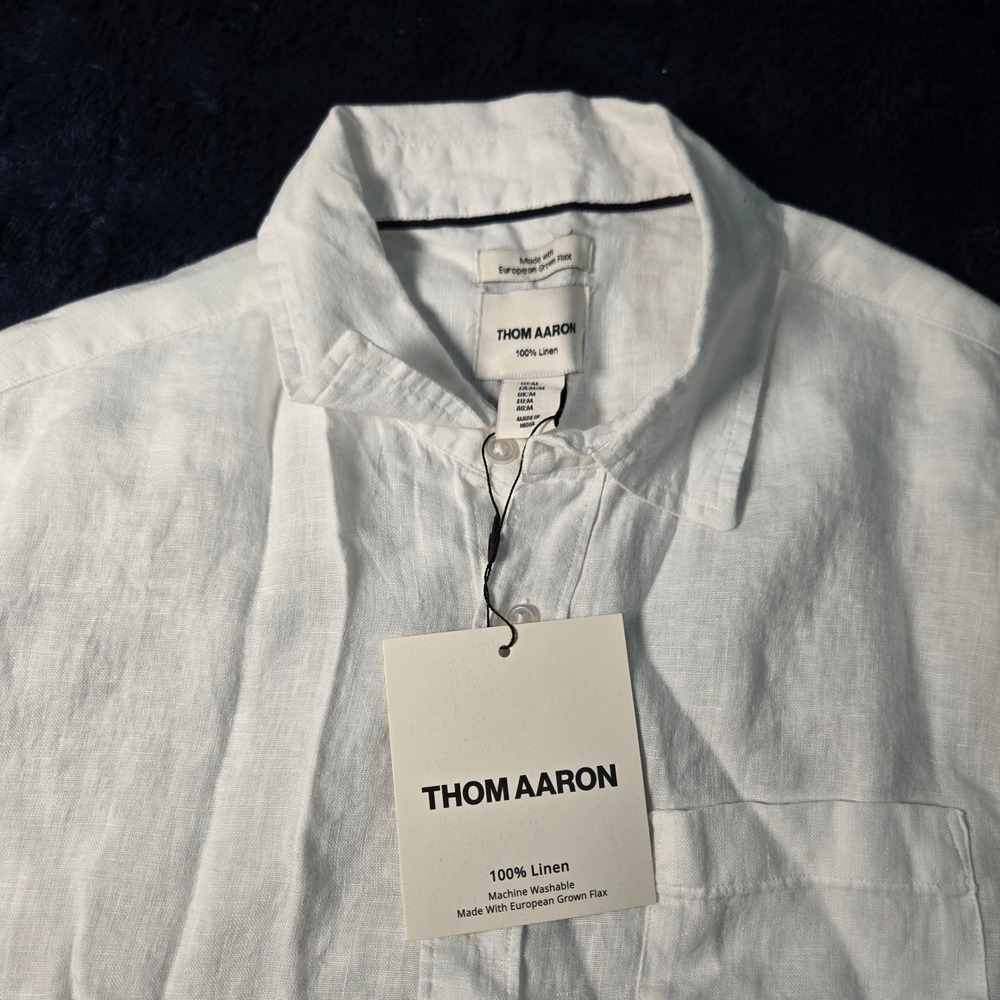 Thom Aaron Mens White 100% European Linen Short Sleeve Button Down Shirt Size M - Picture 2 of 8